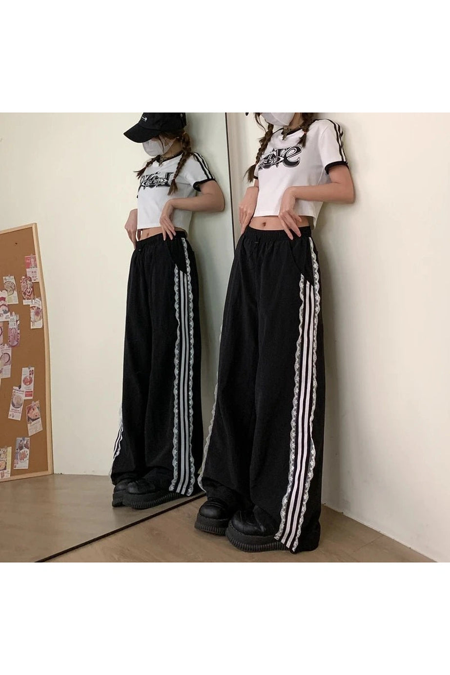 Lace - Trim Striped Wide - Leg Pants - Pants