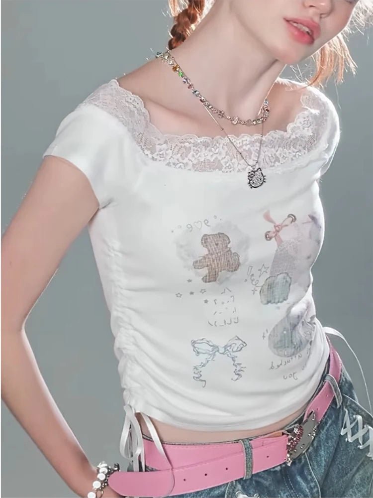 Kawaii Lace-Trimmed Off-Shoulder Graphic Top Shoptery