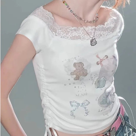 Kawaii Lace-Trimmed Off-Shoulder Graphic Top Shoptery
