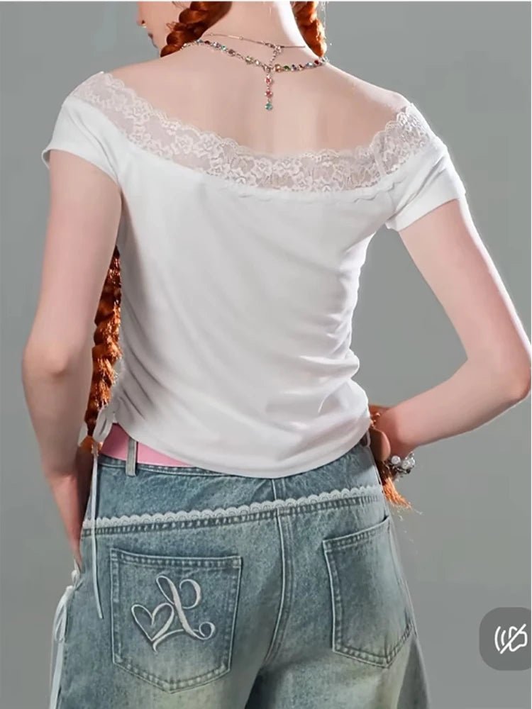 Kawaii Lace-Trimmed Off-Shoulder Graphic Top Shoptery
