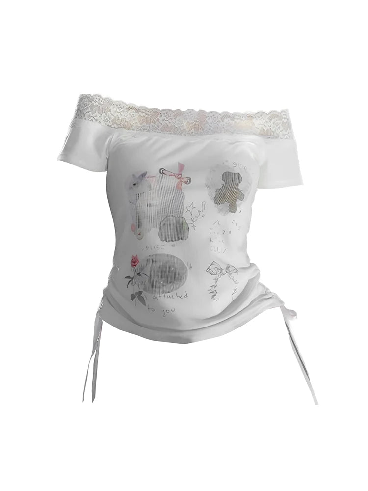 Kawaii Lace-Trimmed Off-Shoulder Graphic Top White Shoptery