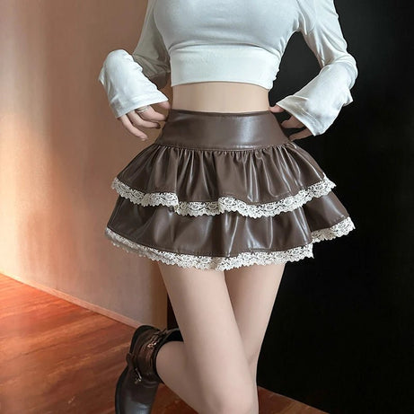 Coquette Lace-Trimmed Tiered Mini Skirt Coffee Shoptery