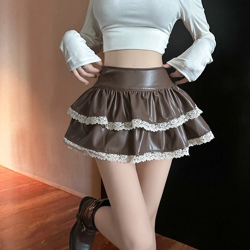 Coquette Lace-Trimmed Tiered Mini Skirt Coffee Shoptery