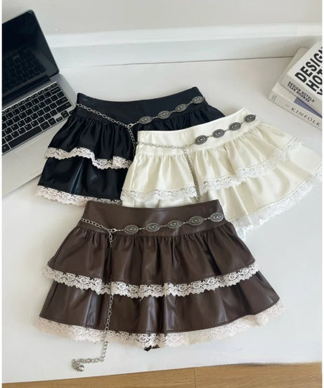 Lace - Trimmed Tiered Mini Skirt - skirt