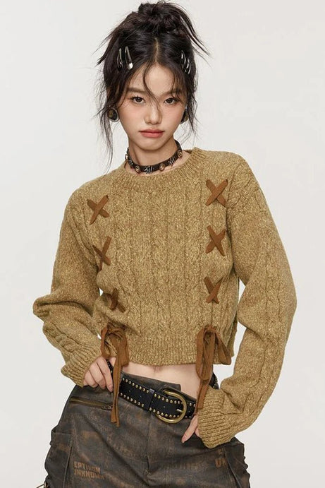 Lace - Up Cable Knit Crop Sweater - Sweaters