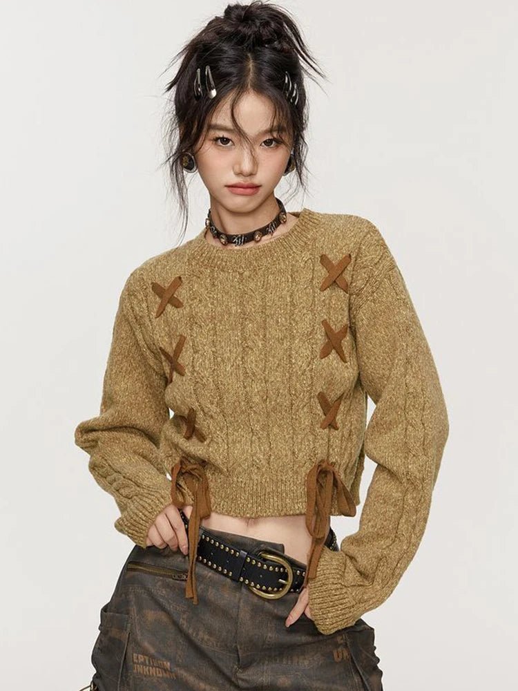 Lace - Up Cable Knit Crop Sweater - Sweaters