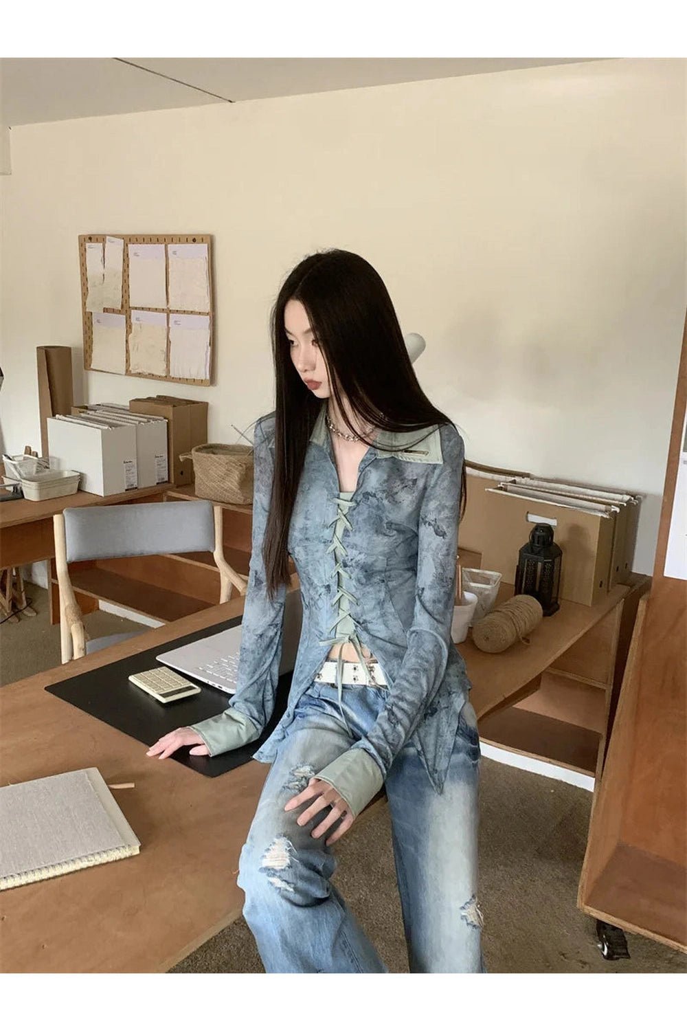 Lace-Up Distressed Edgy Denim Blouse Shoptery