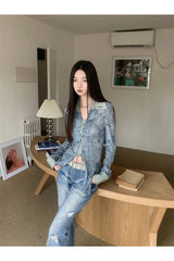 Lace-Up Distressed Edgy Denim Blouse Shoptery