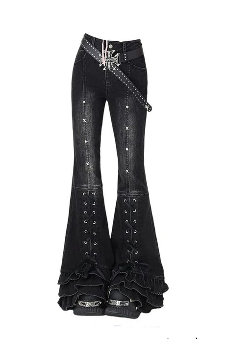 Lace - Up Gothic Flare Jeans - 