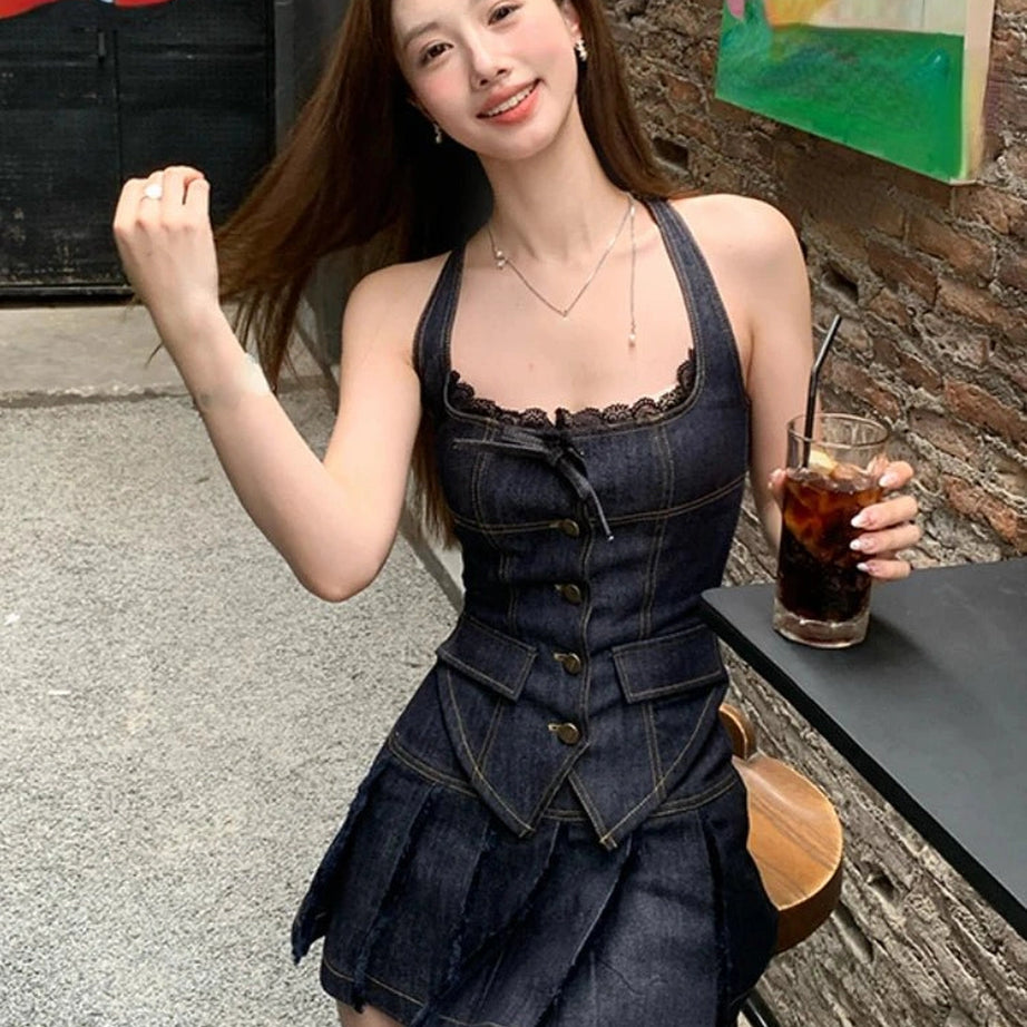 Retro Lace-Up Indigo Mini Set Shoptery