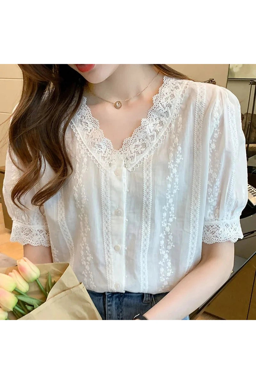Coquette Lace V-Neck White Blouse Shoptery