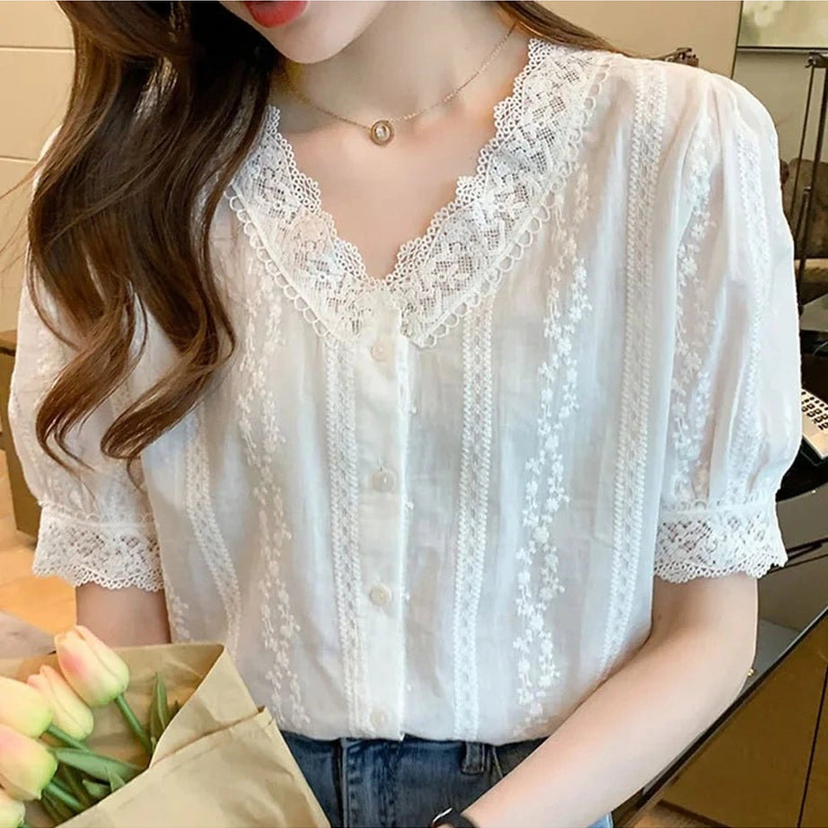Coquette Lace V-Neck White Blouse Shoptery