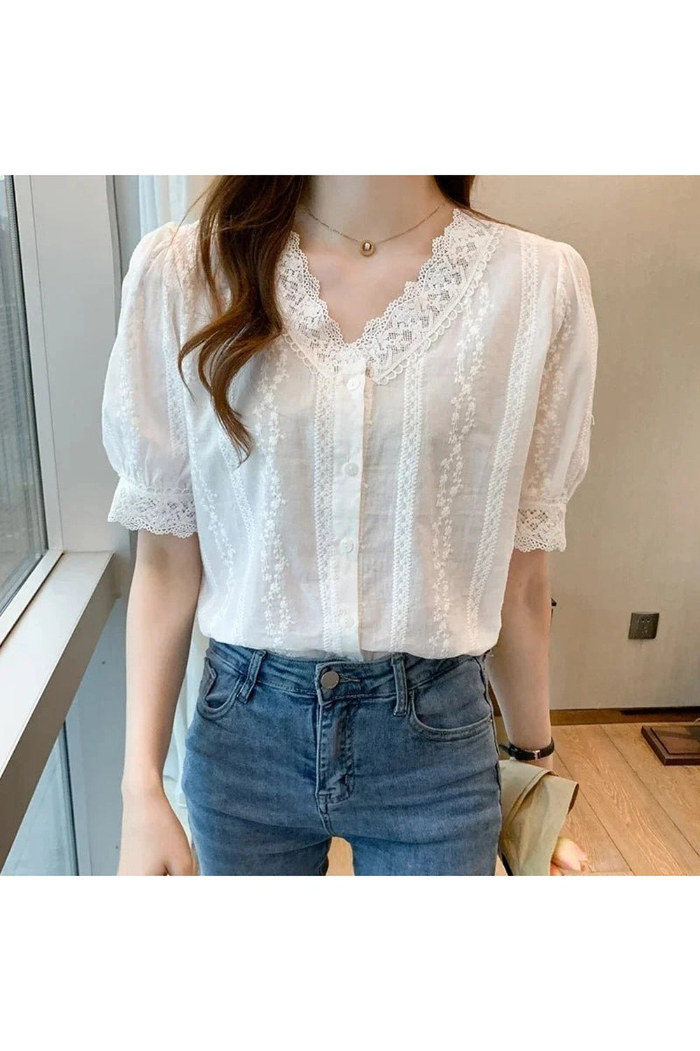 Coquette Lace V-Neck White Blouse Shoptery