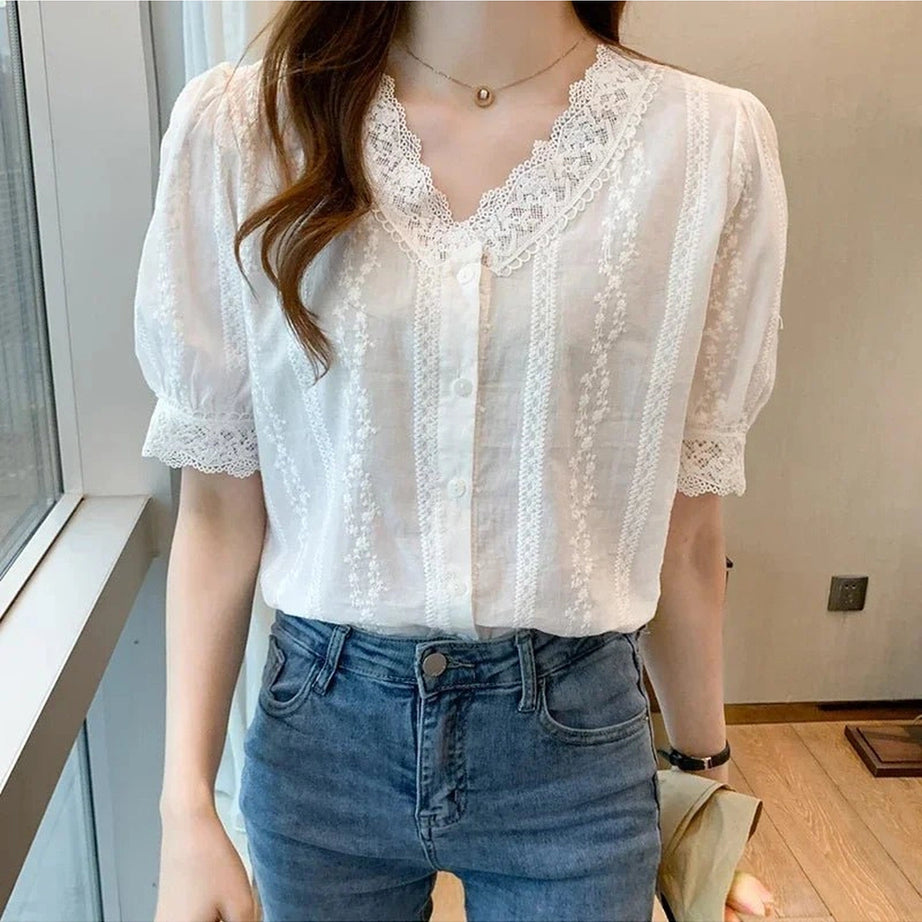Coquette Lace V-Neck White Blouse Shoptery