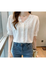 Coquette Lace V-Neck White Blouse Shoptery