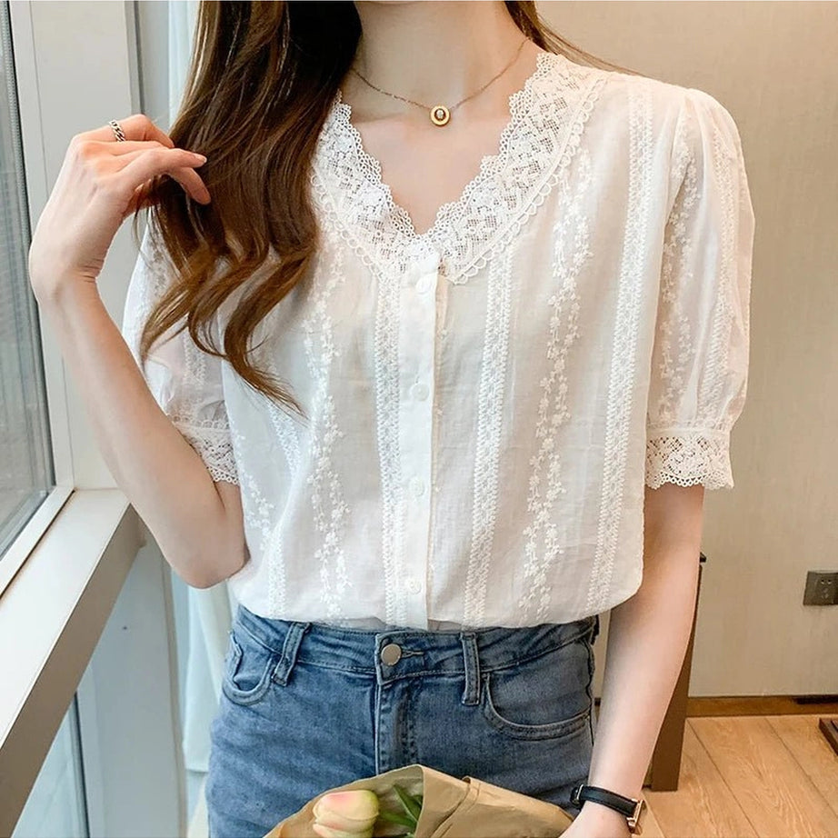 Coquette Lace V-Neck White Blouse Shoptery