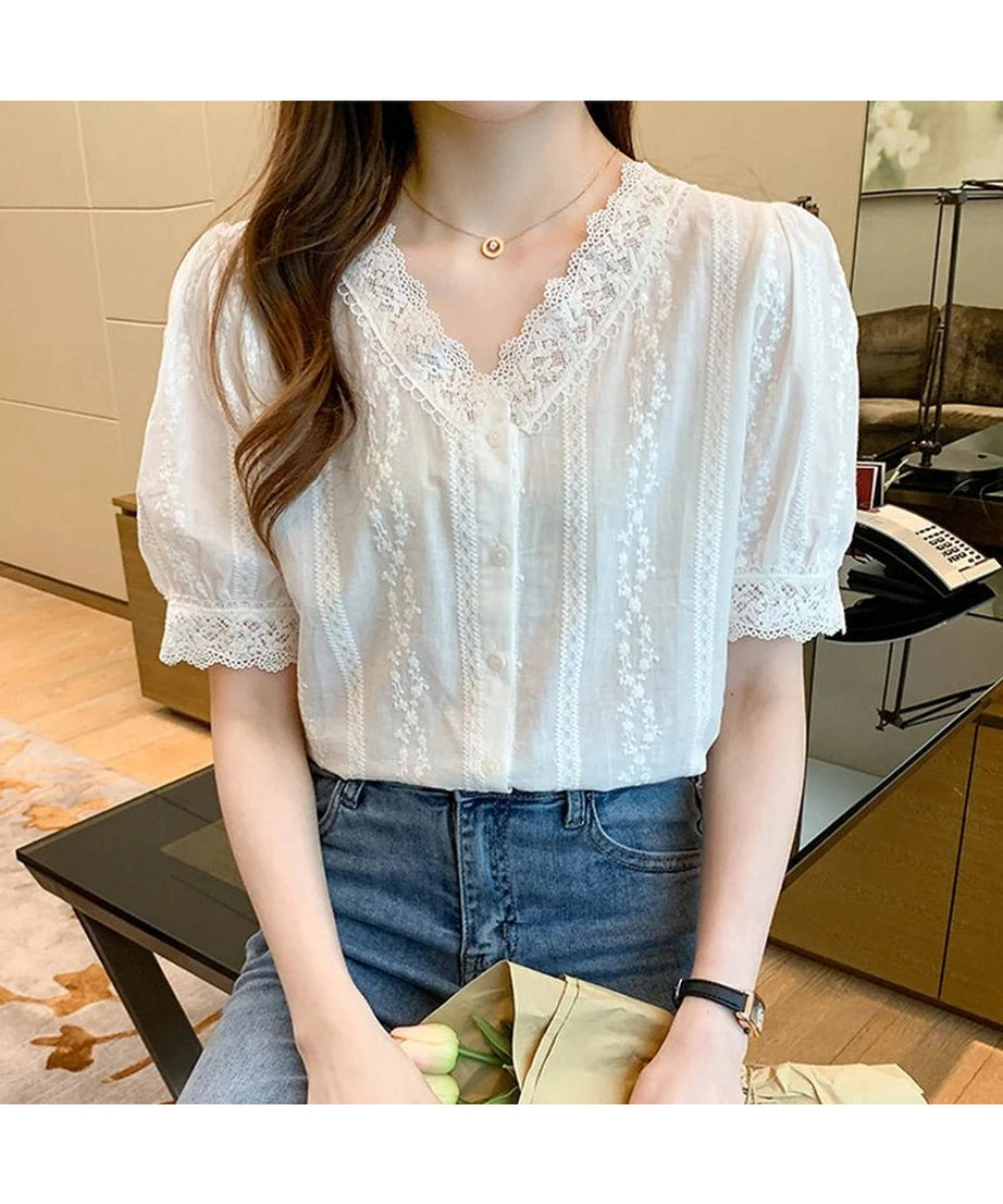 Lace V - Neck White Blouse - Blouses