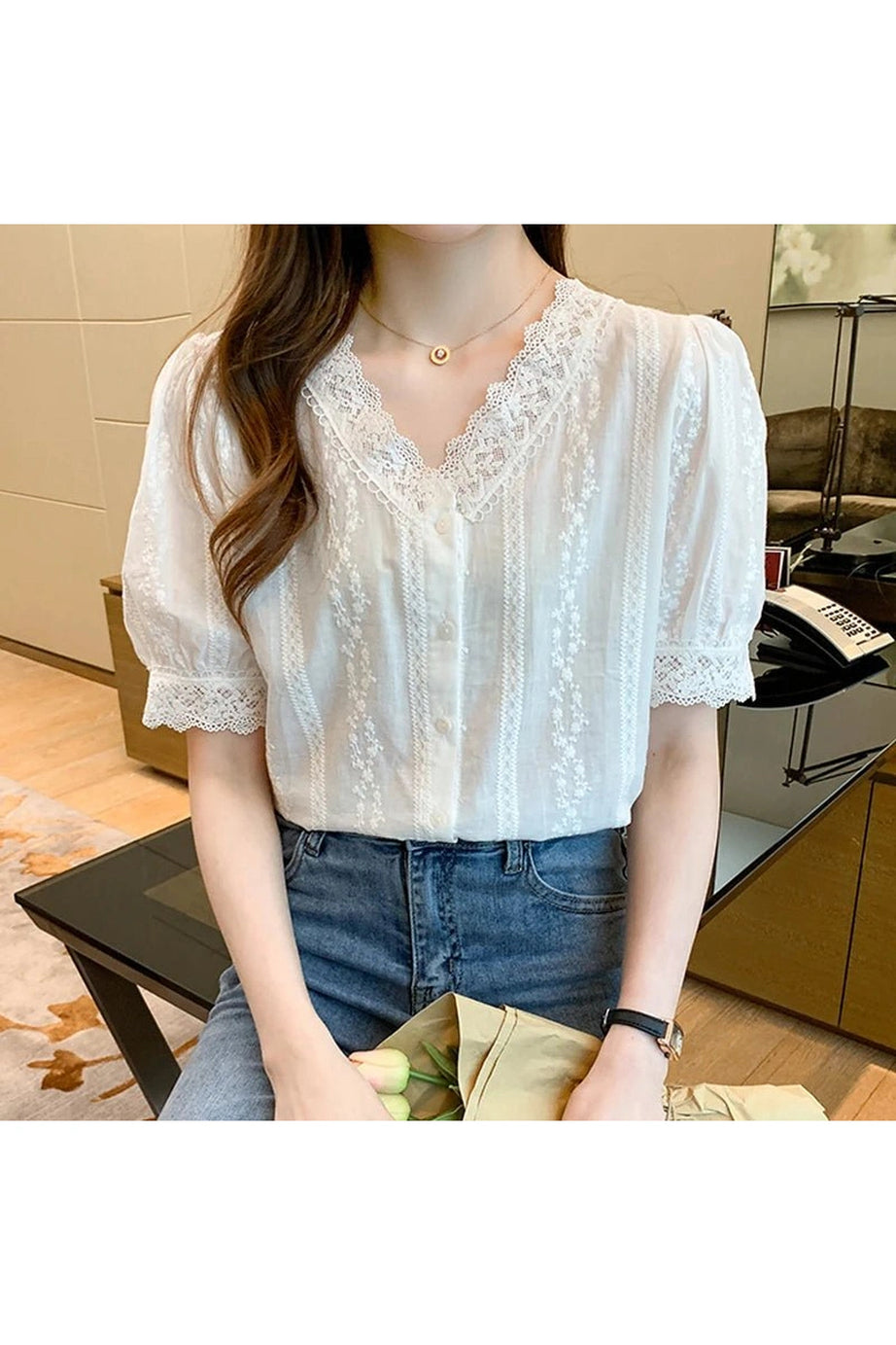 Lace V - Neck White Blouse - Blouses