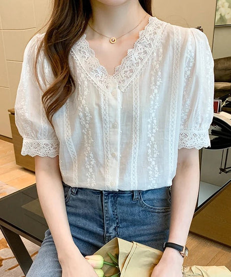 Lace V - Neck White Blouse - Blouses