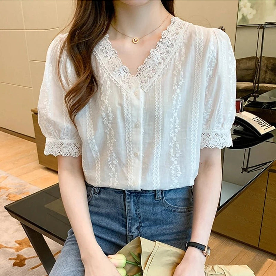 Coquette Lace V-Neck White Blouse WHITE Shoptery