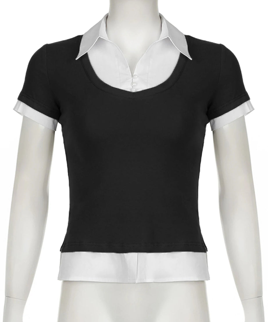 Layered Collared Contrast Top - Shirts & Tops