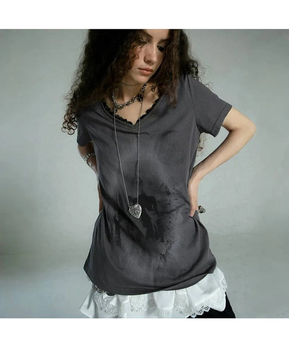 Layered Gothic Lace Trim T-Shirt - T-Shirts