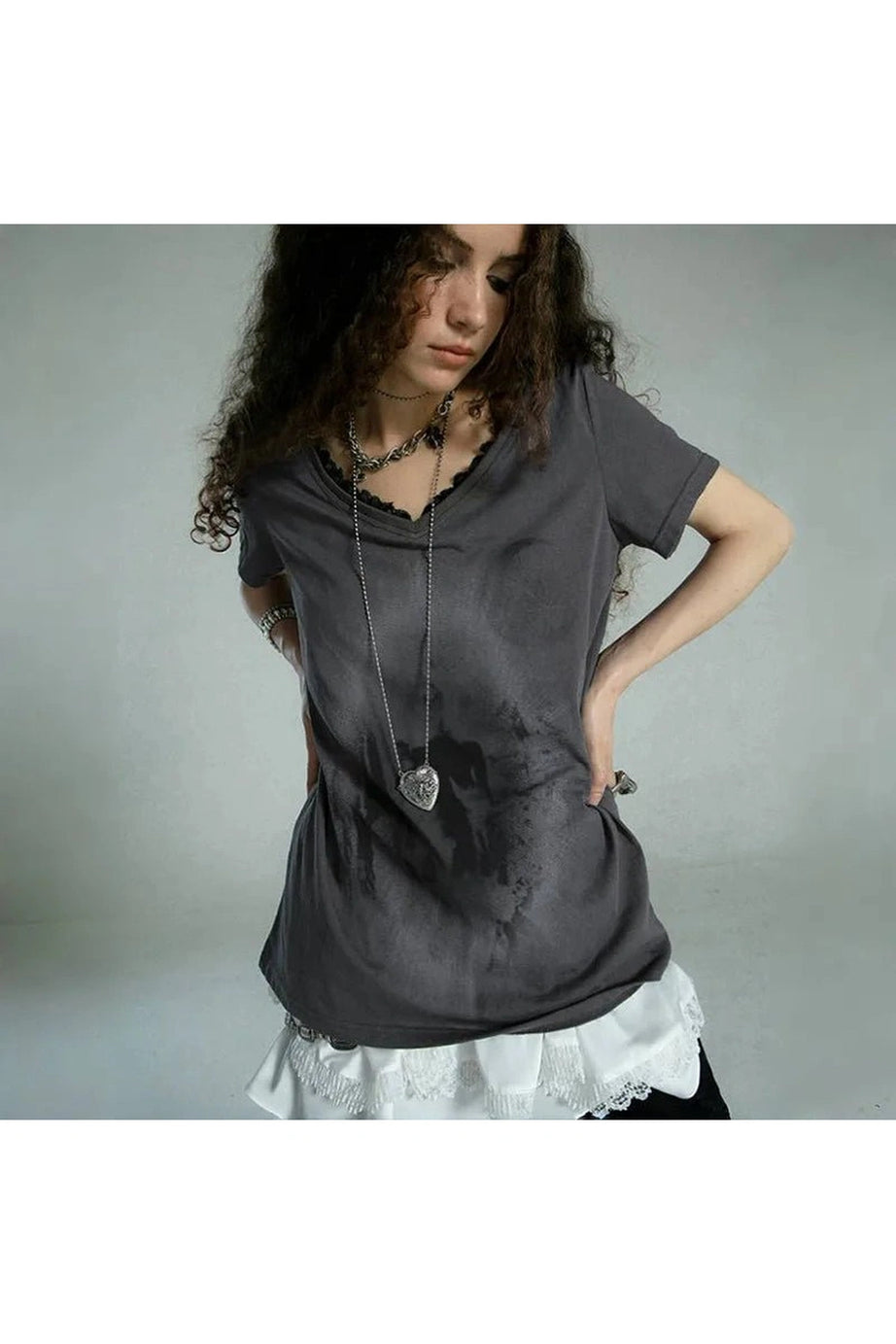 Layered Gothic Lace Trim T-Shirt - T-Shirts