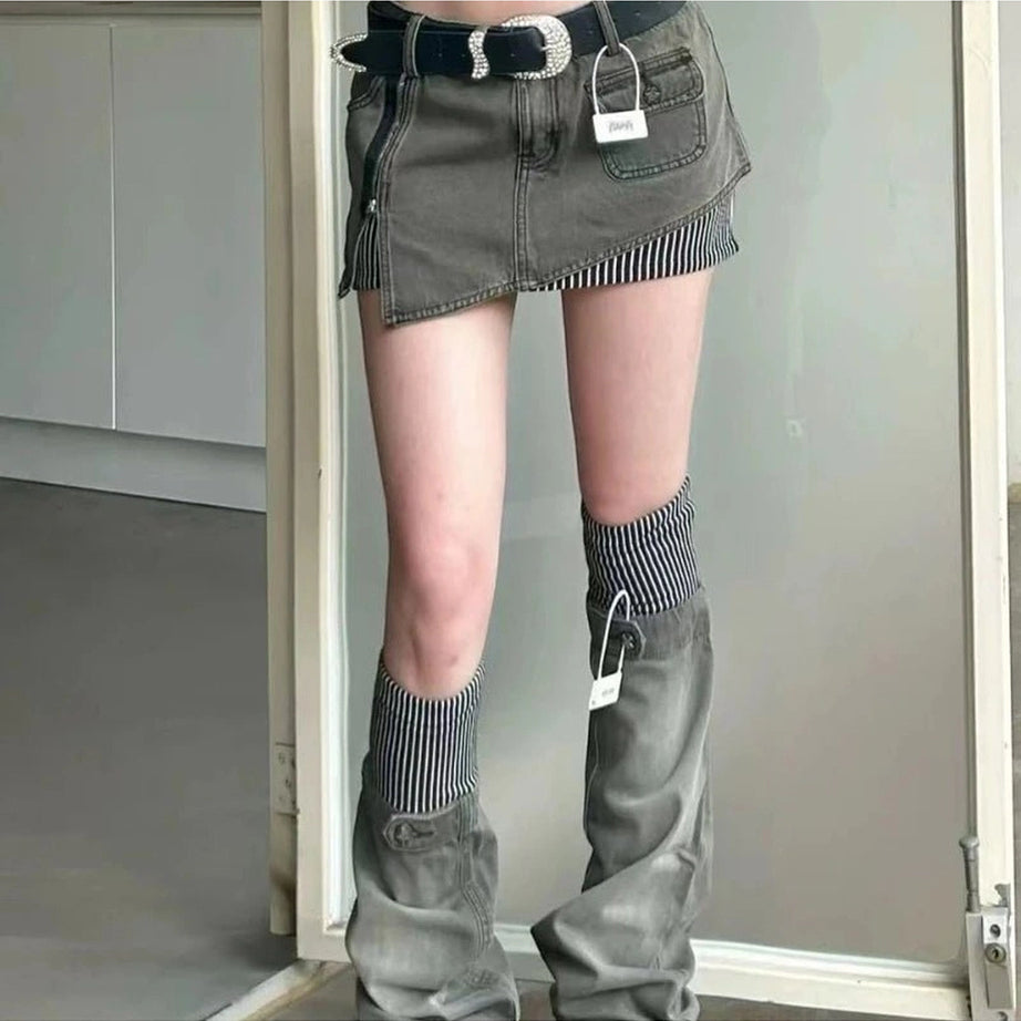 Acubi Y2k Layered Skirt-Pants Hybrid with Belt Shoptery