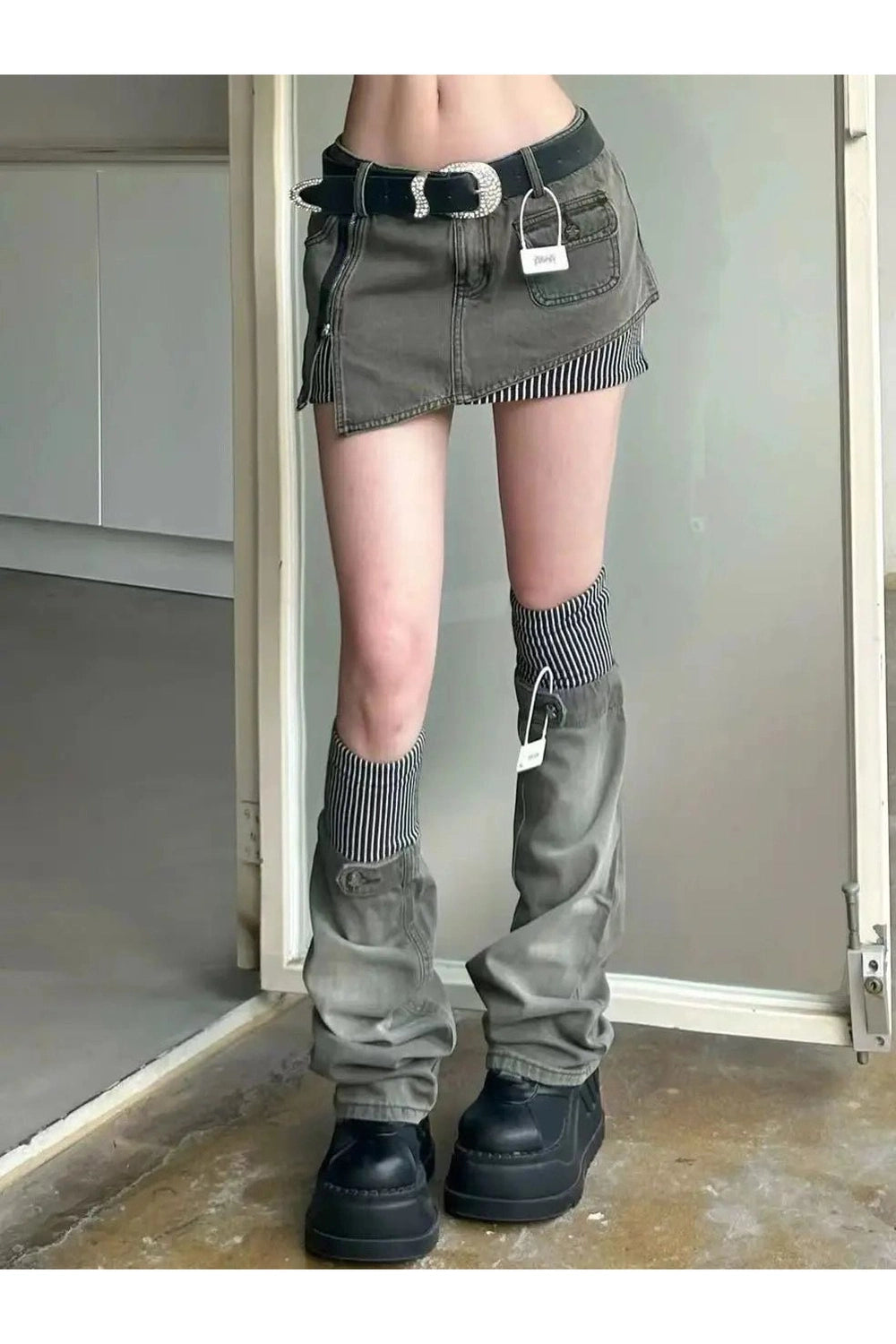 Acubi Y2k Layered Skirt-Pants Hybrid with Belt Shoptery