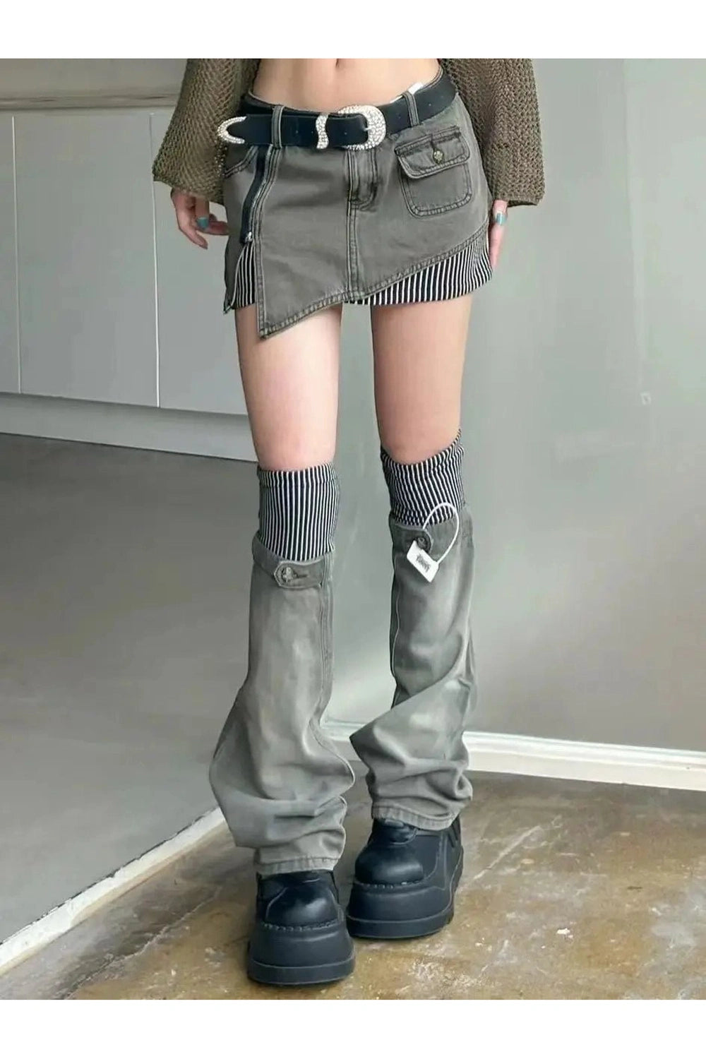 Acubi Y2k Layered Skirt-Pants Hybrid with Belt Shoptery