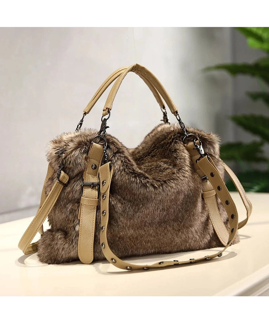 Luxe Faux Fur Studded Handbag - Handbags