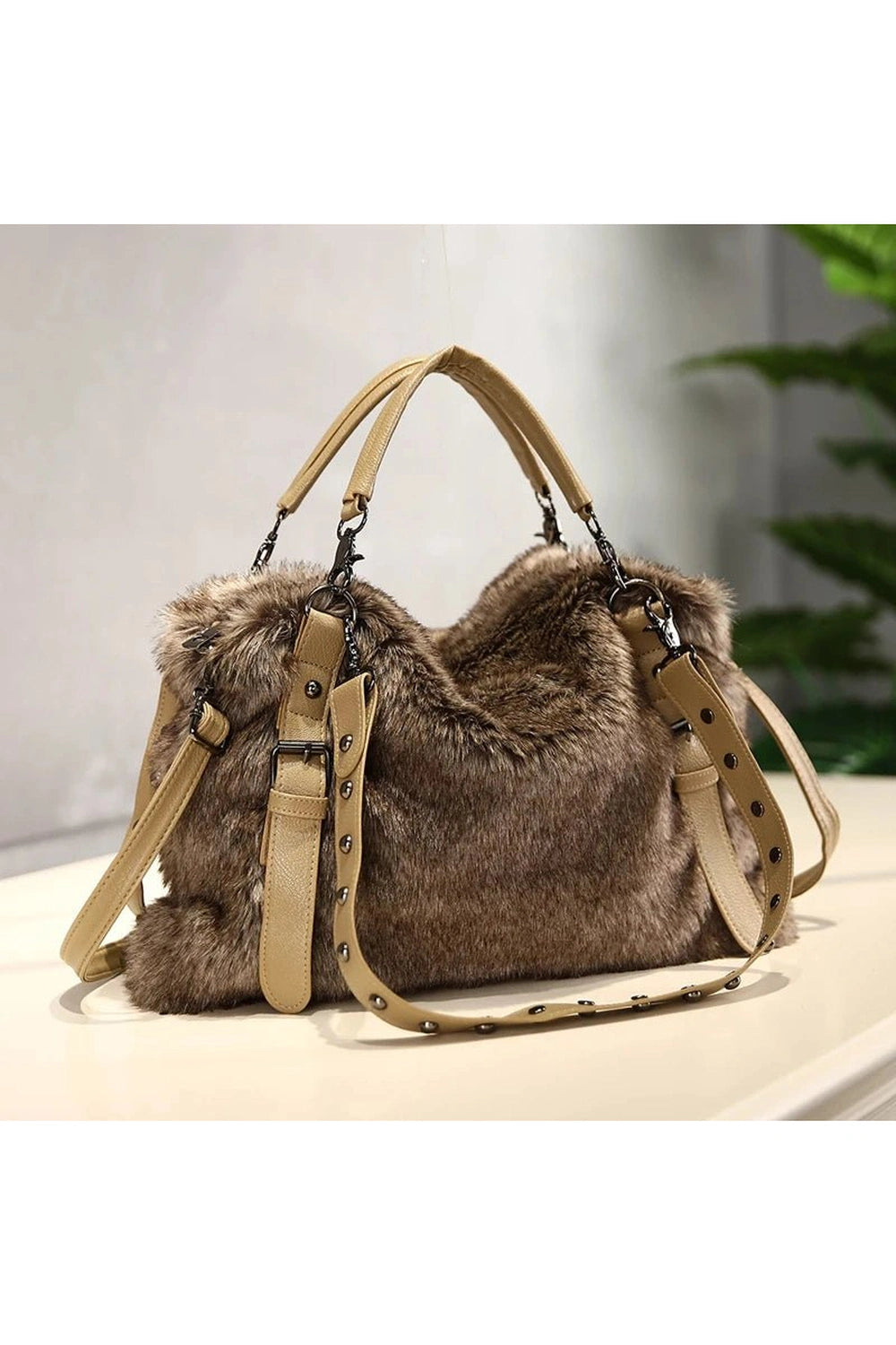 Luxe Faux Fur Studded Handbag - Handbags