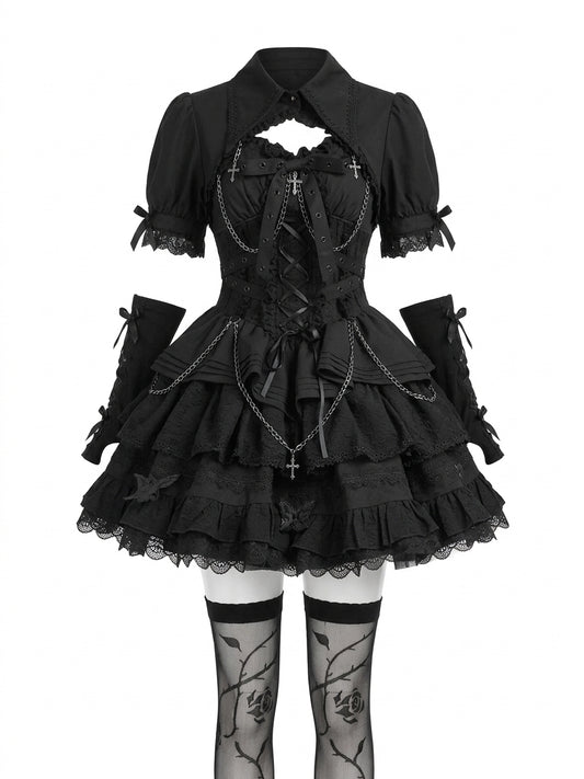 Jirai Kei Black Cross Chain Lace-Up Ruffle Mini Dress Set Shoptery