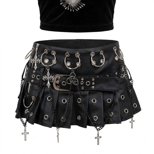 Visual Kei PU Leather Pleated Mini Skirt with Chains & Cross Charms Shoptery