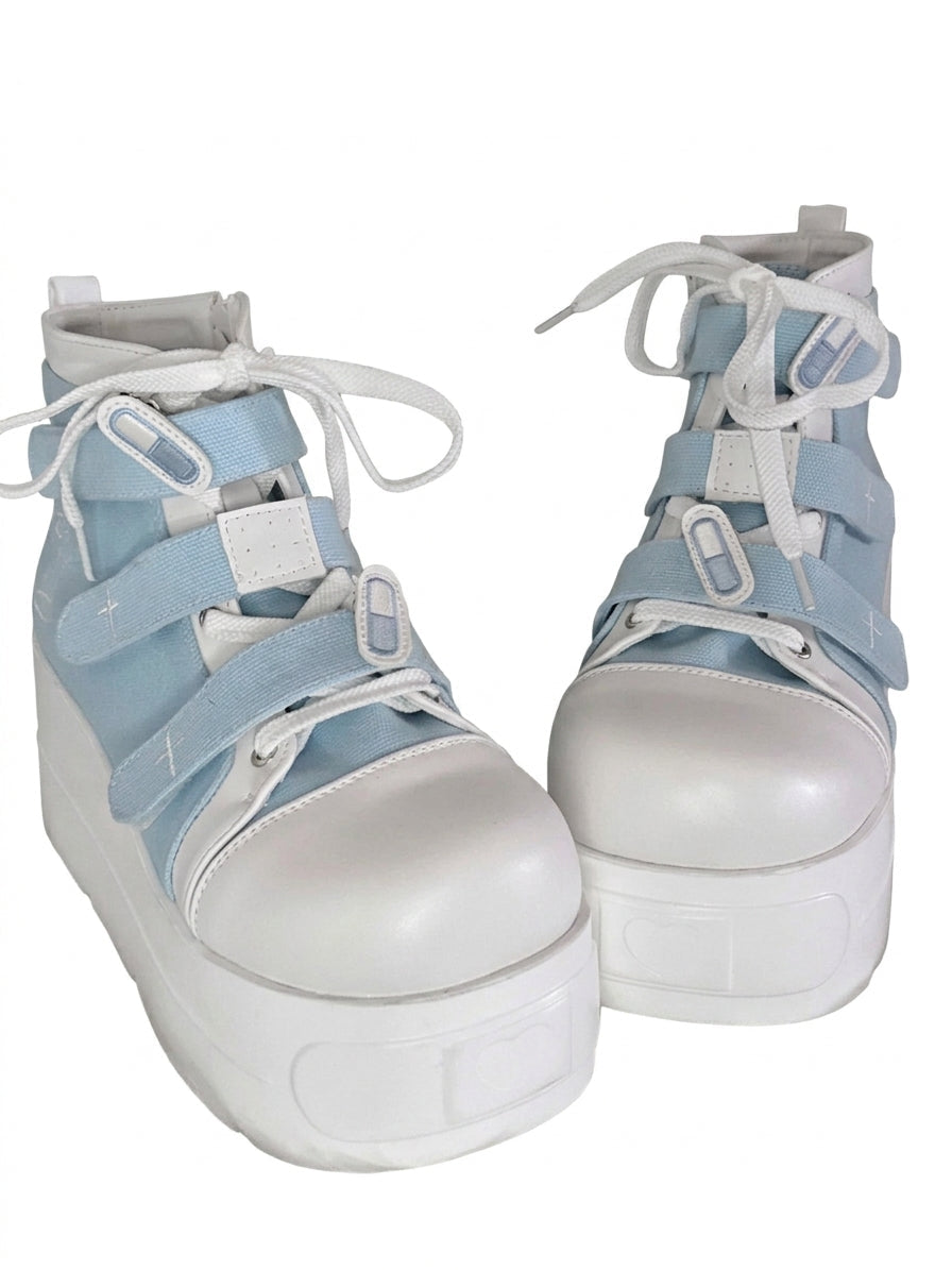 Fairy Kei Pastel Blue Platform Lace-Up High-Top Sneaker Boots water color Shoptery