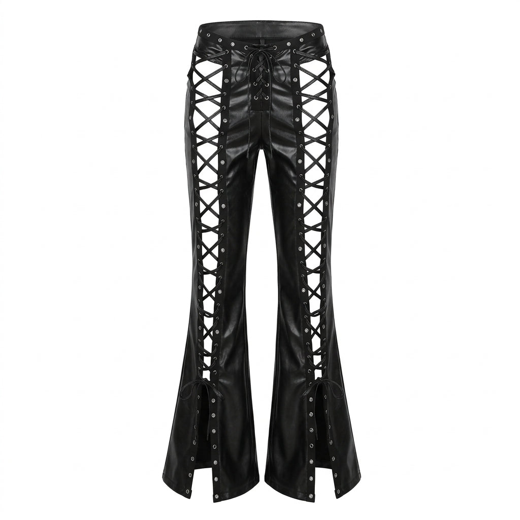 Visual Kei Lace-Up Faux Leather Flare Trousers with Eyelets Shoptery