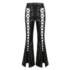 Visual Kei Lace-Up Faux Leather Flare Trousers with Eyelets Shoptery