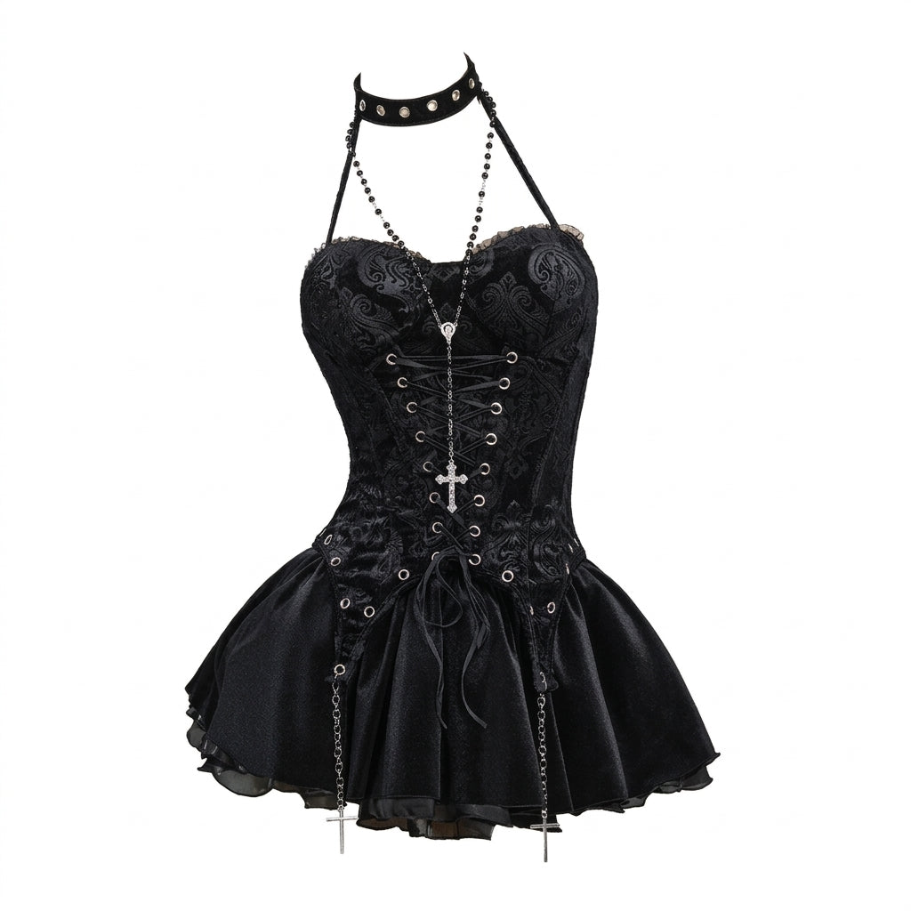 Visual Kei Black Brocade Lace-Up Corset Mini Dress with Cross Chains Shoptery