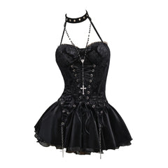 Visual Kei Black Brocade Lace-Up Corset Mini Dress with Cross Chains Shoptery