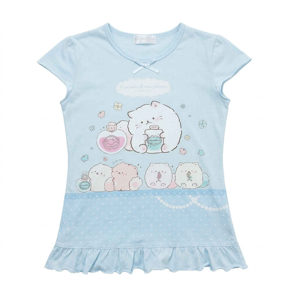 Fairy Kei Pastel Kawaii Cat Print Ruffle Hem Short Sleeve Top blue Shoptery