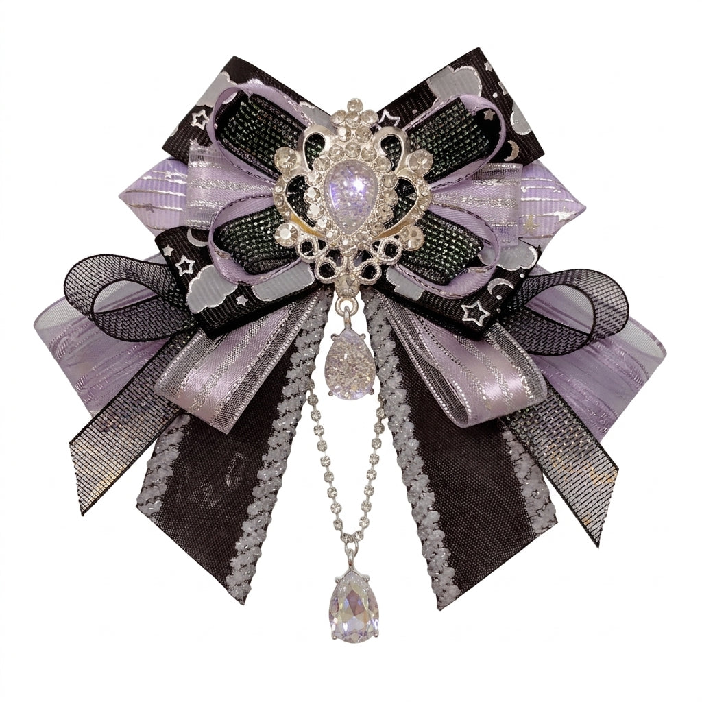 Jirai Kei Layered Ribbon Bow Brooch with Crystal Rhinestone Pendant 28 Shoptery Main image