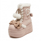 Jirai Kei Plush-Trim Platform Boots with Bow & Pompom Lace-Up creamy-white Shoptery