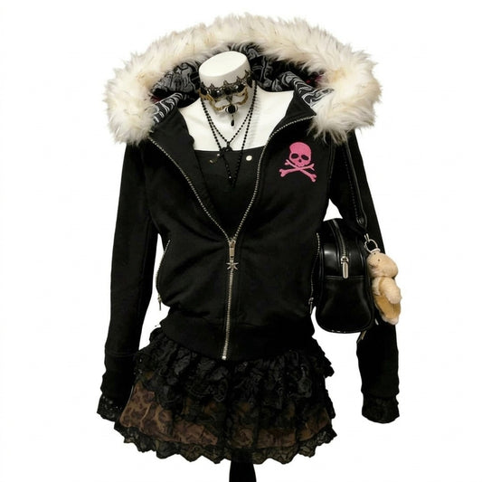 Jirai Kei Skull Faux Fur Hood Zip Hoodie Jacket with Lace Trim Shoptery
