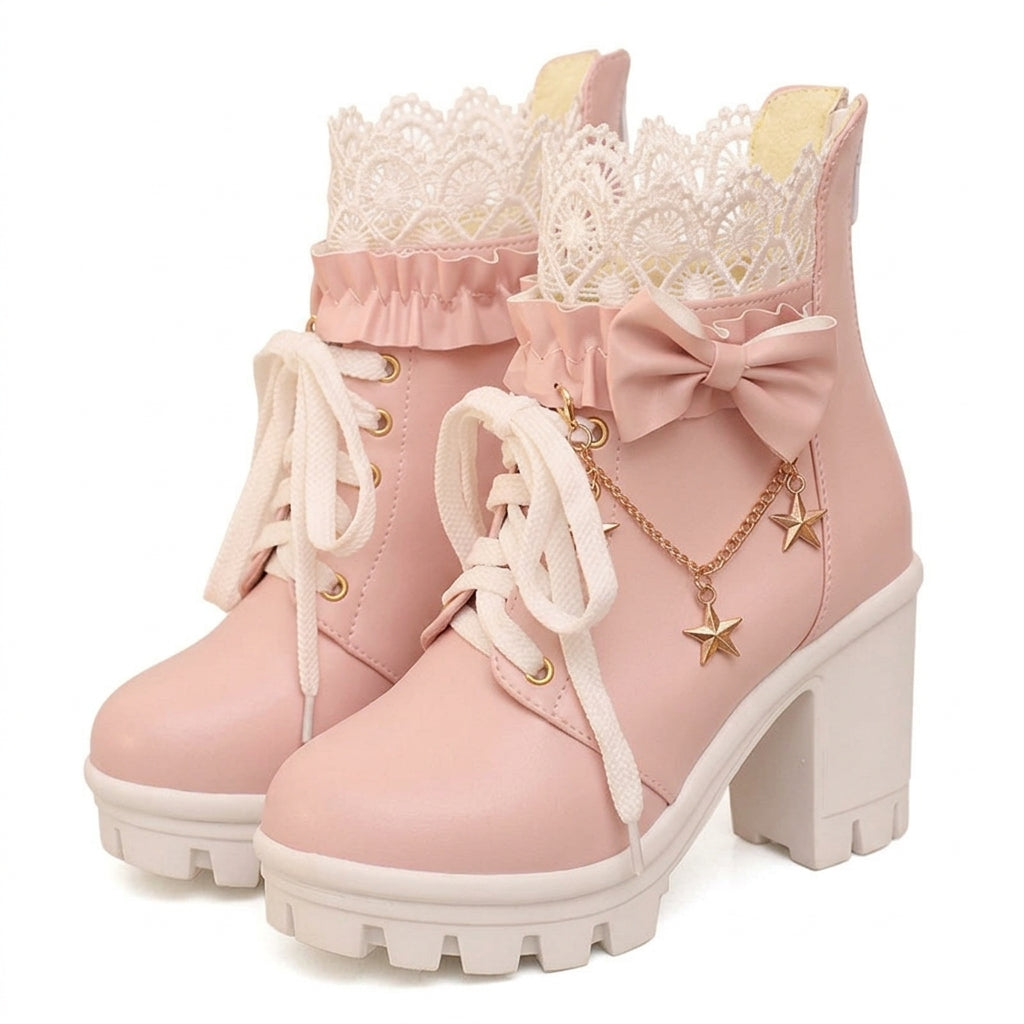 Jirai Kei Pink Lace Ruffle Bow Star Chain Platform Ankle Boots Shoptery