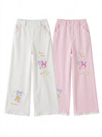 Fairy Kei Bunni Planet Embroidered Wide-Leg Ribbed Trousers Shoptery