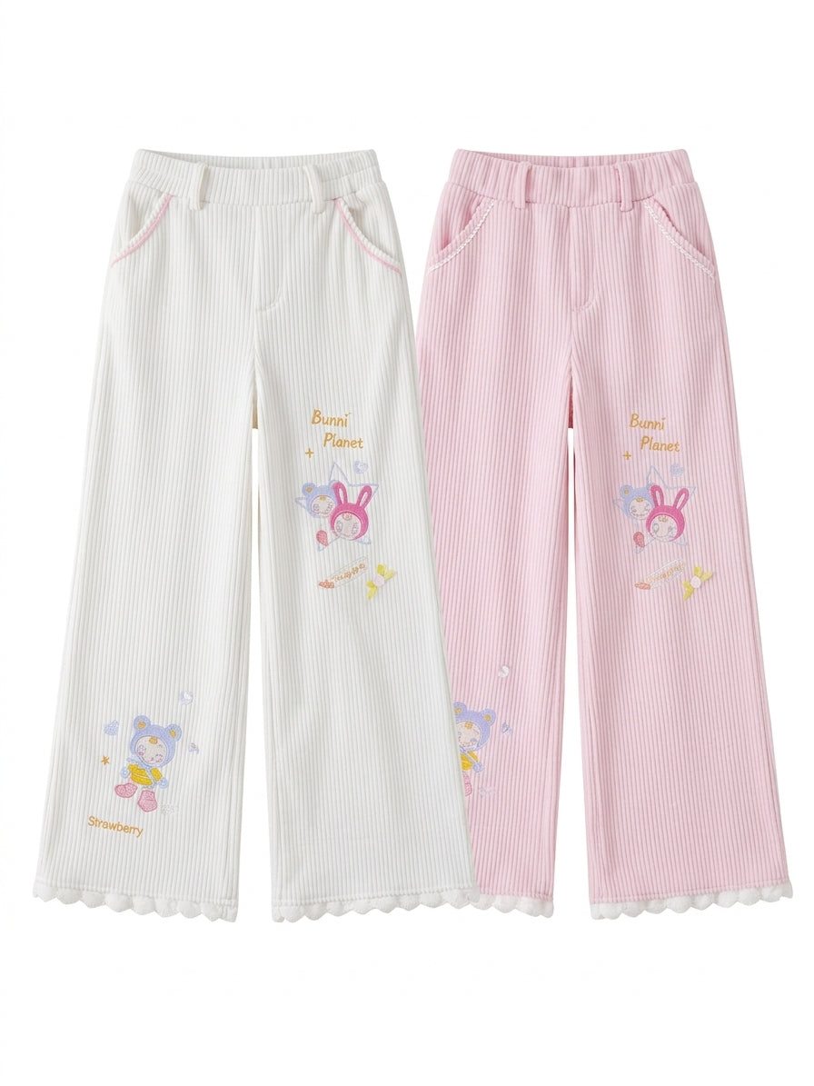 Fairy Kei Bunni Planet Embroidered Wide-Leg Ribbed Trousers Shoptery