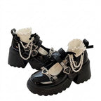 Jirai Kei Pearl Chain Heart Buckle Patent Platform Mary Janes black Shoptery