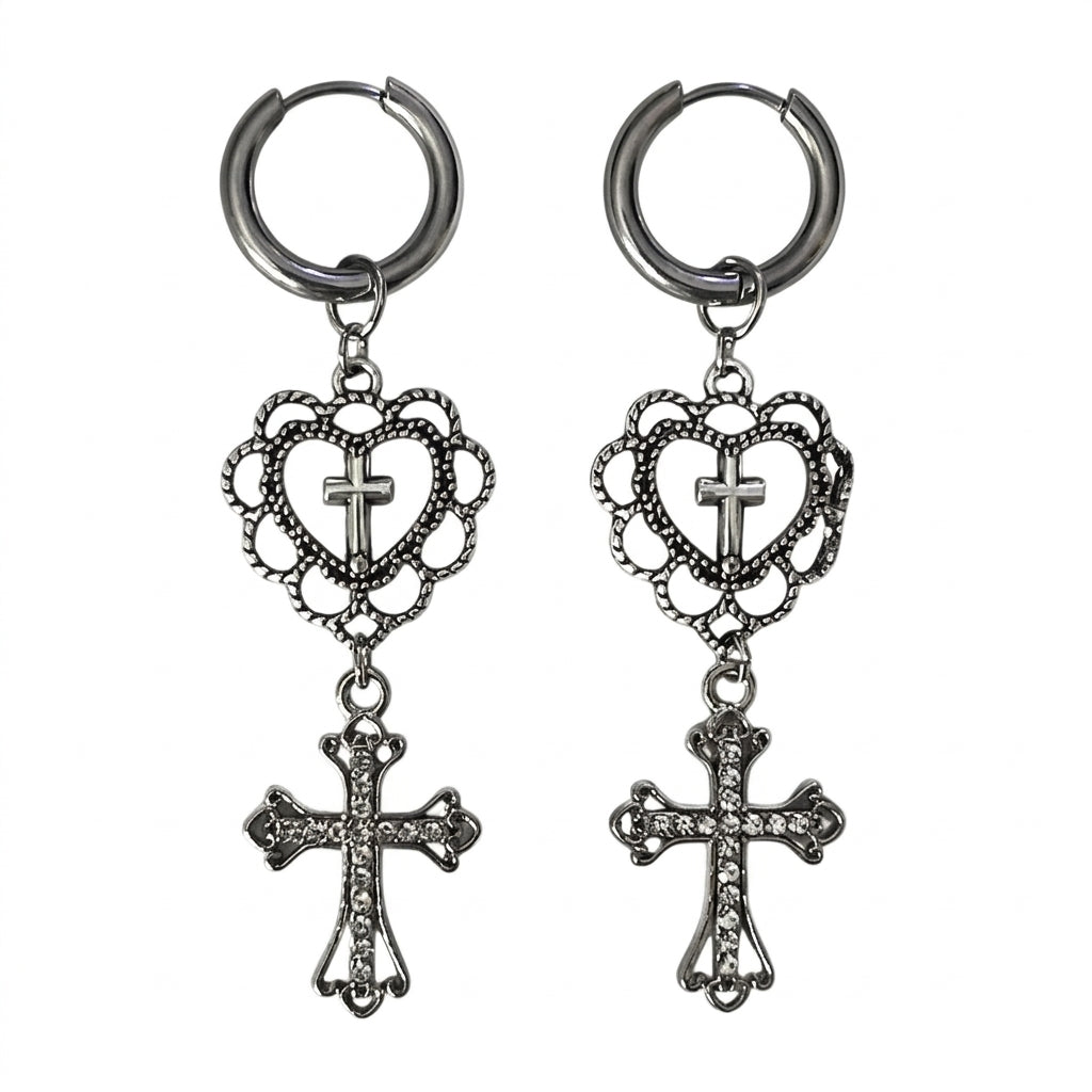 Visual Kei Filigree Heart & Crystal Cross Dangle Hoop Earrings Shoptery Main image