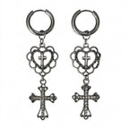 Visual Kei Filigree Heart & Crystal Cross Dangle Hoop Earrings Shoptery