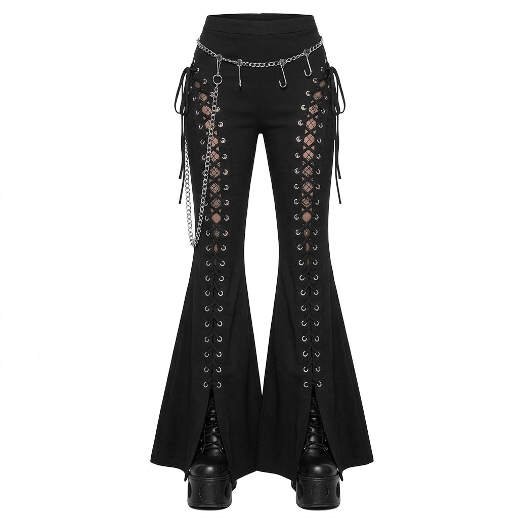 Visual Kei Chain-Detail Lace-Up Mesh Flare Pants with Split Hem Shoptery